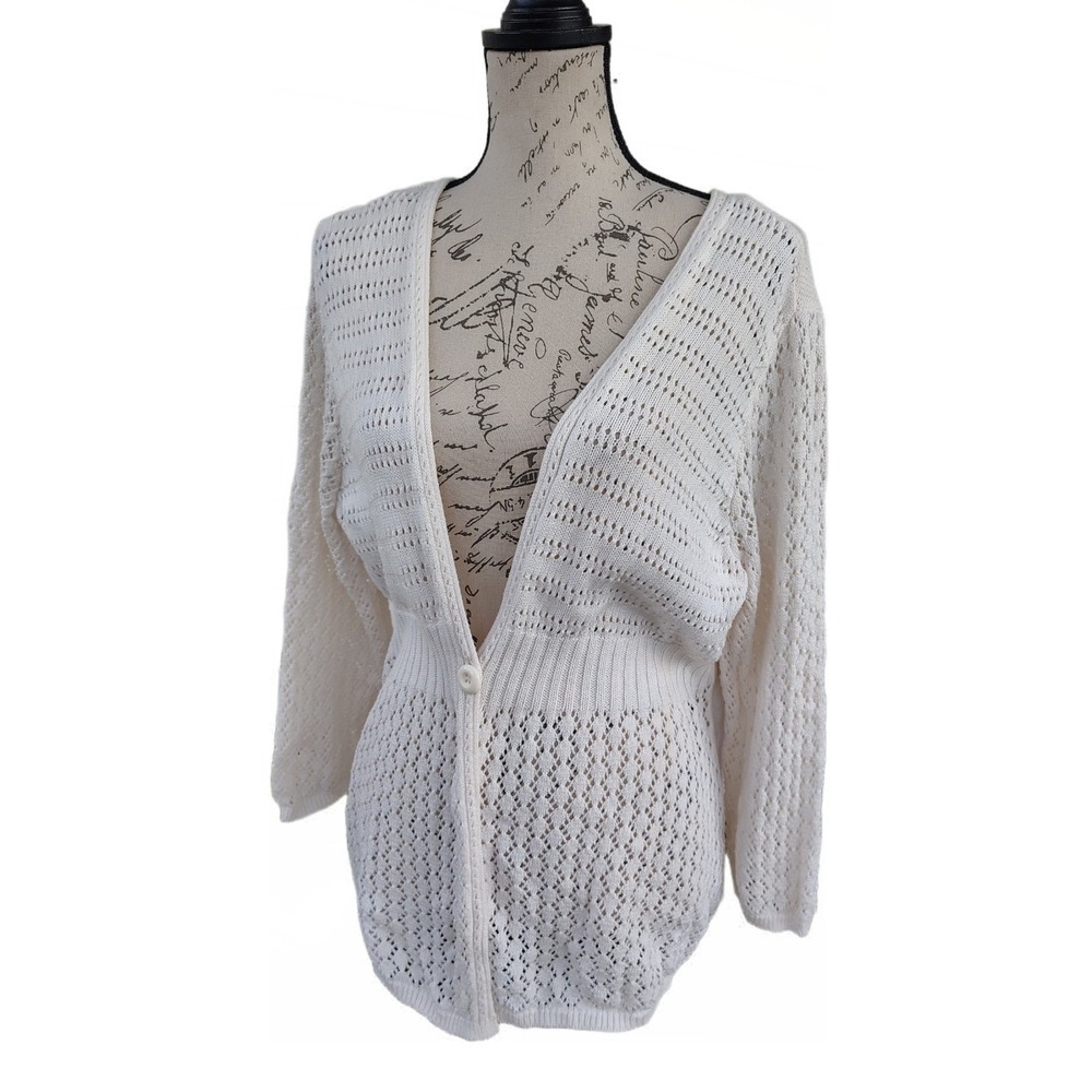 Womens Crochet Knit Cottagecore Cream Cardigan XL 3/4 Sleeve Layering Boho